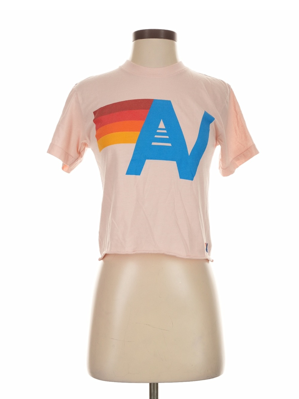 Aviator Nation Pink Crop Tee with Blue AV and Rainbow Stripes